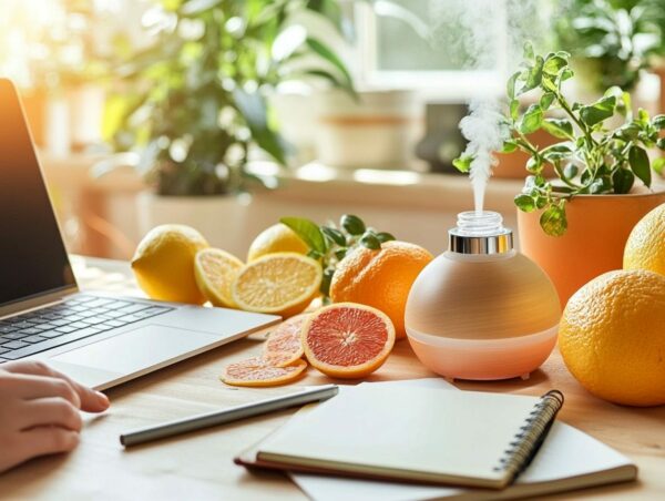 Essenzielle Öle und Zitrusfrüchte in einem Homeoffice zur Nutzung von Zitrusdüften im Alltag.