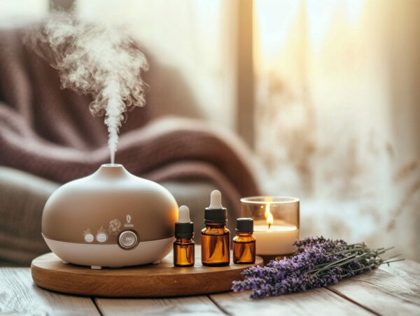 Diffuser mit ätherischen Ölen auf einem Holztisch zur Förderung mentaler Klarheit durch Aromatherapie