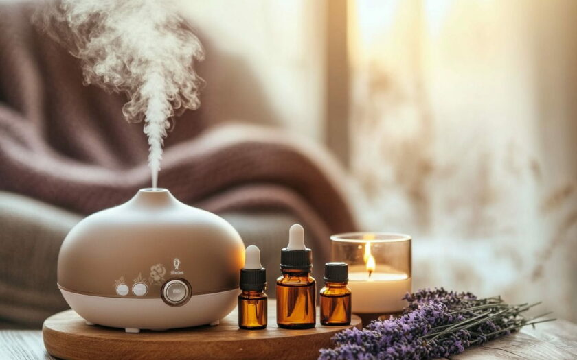 Diffuser mit ätherischen Ölen auf einem Holztisch zur Förderung mentaler Klarheit durch Aromatherapie