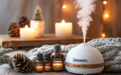 Diffuser mit ätherischen Ölen wie Zimt, Orange und Fichte für Winterdüfte in der Aromatherapie