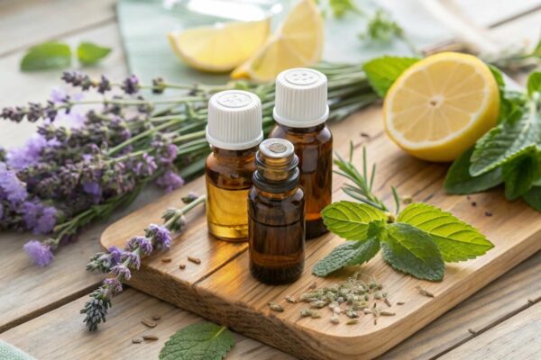 Beliebte ätherische Öle für die Aromatherapie, arrangiert mit Lavendel, Pfefferminze, Teebaum und Zitrone auf einem Holztisch.