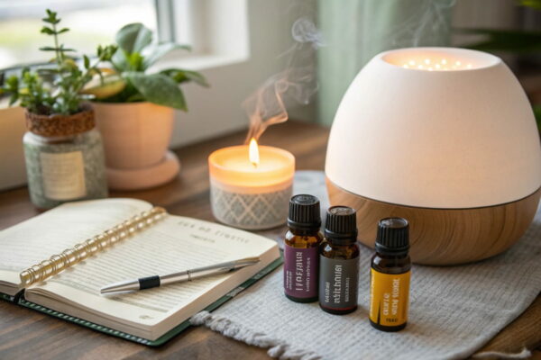 Ein Aromatherapie-Diffuser, ätherische Öle und ein Notizbuch für Einsteiger auf einem Tisch in warmem Licht.