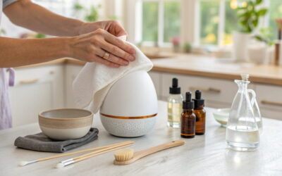 Nahaufnahme eines Aroma Diffusers, der auf einer Küchenarbeitsplatte gereinigt wird. Hände wischen den Diffuser sanft mit einem weichen Tuch aus, umgeben von ätherischen Ölen und Reinigungsutensilien.