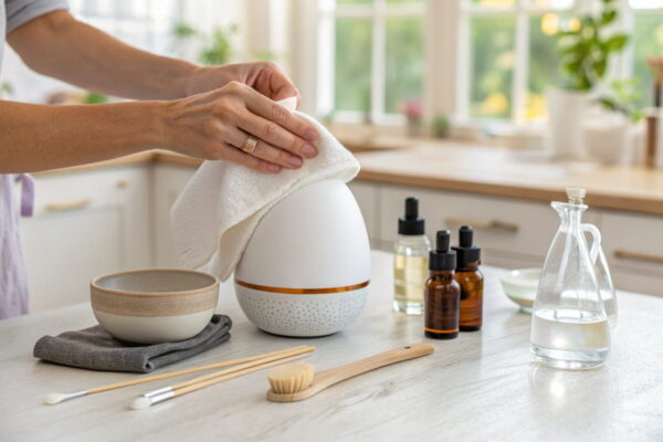 Nahaufnahme eines Aroma Diffusers, der auf einer Küchenarbeitsplatte gereinigt wird. Hände wischen den Diffuser sanft mit einem weichen Tuch aus, umgeben von ätherischen Ölen und Reinigungsutensilien.