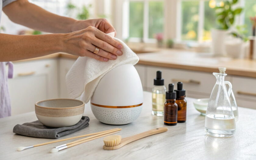 Nahaufnahme eines Aroma Diffusers, der auf einer Küchenarbeitsplatte gereinigt wird. Hände wischen den Diffuser sanft mit einem weichen Tuch aus, umgeben von ätherischen Ölen und Reinigungsutensilien.