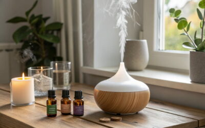 Aromatherapie-Setup mit Diffuser, ätherischen Ölen und Kerze auf einem Holztisch in entspannter Atmosphäre.