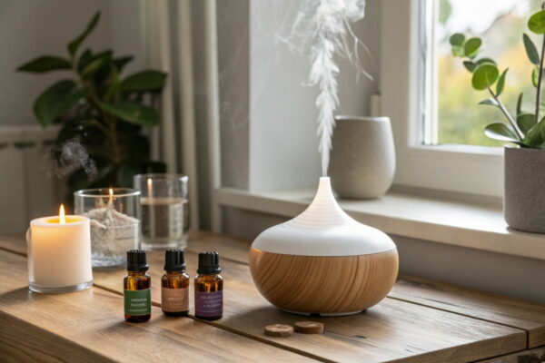 Aromatherapie-Setup mit Diffuser, ätherischen Ölen und Kerze auf einem Holztisch in entspannter Atmosphäre.