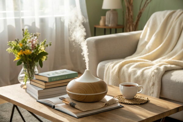 Gemütliches Zuhause mit Aroma Diffuser, Büchern, Tee und Blumen auf einem Holztisch für praktische Aromatherapie im Alltag.