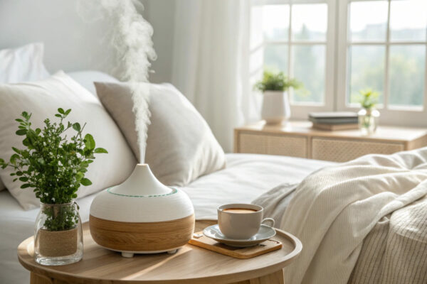 Aroma Diffuser auf einem Nachttisch, der sanften Nebel abgibt, ideal für ein Morgenritual.