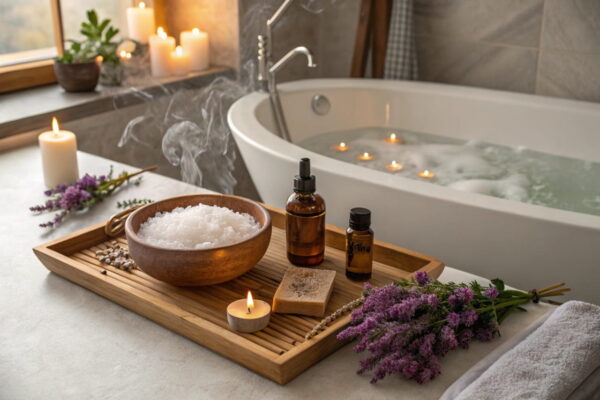 Luxuriöses Bad mit aromatischen ätherischen Ölen, Kerzen, Blumen und Badewanne, ideal für Entspannung und Wellness.